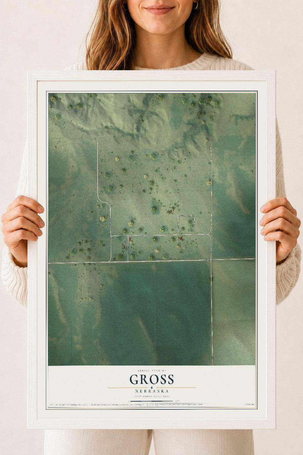 Map of Gross, Nebraska, 18 x 24 inch print in a white wood frame