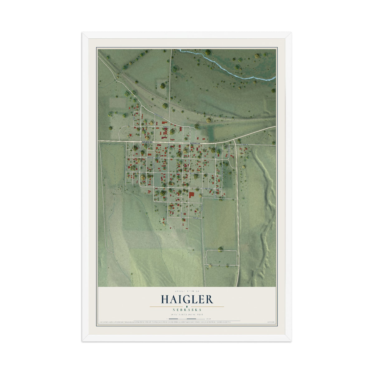 Map of Haigler, Nebraska, 12 x 18 inch print in a white wood frame