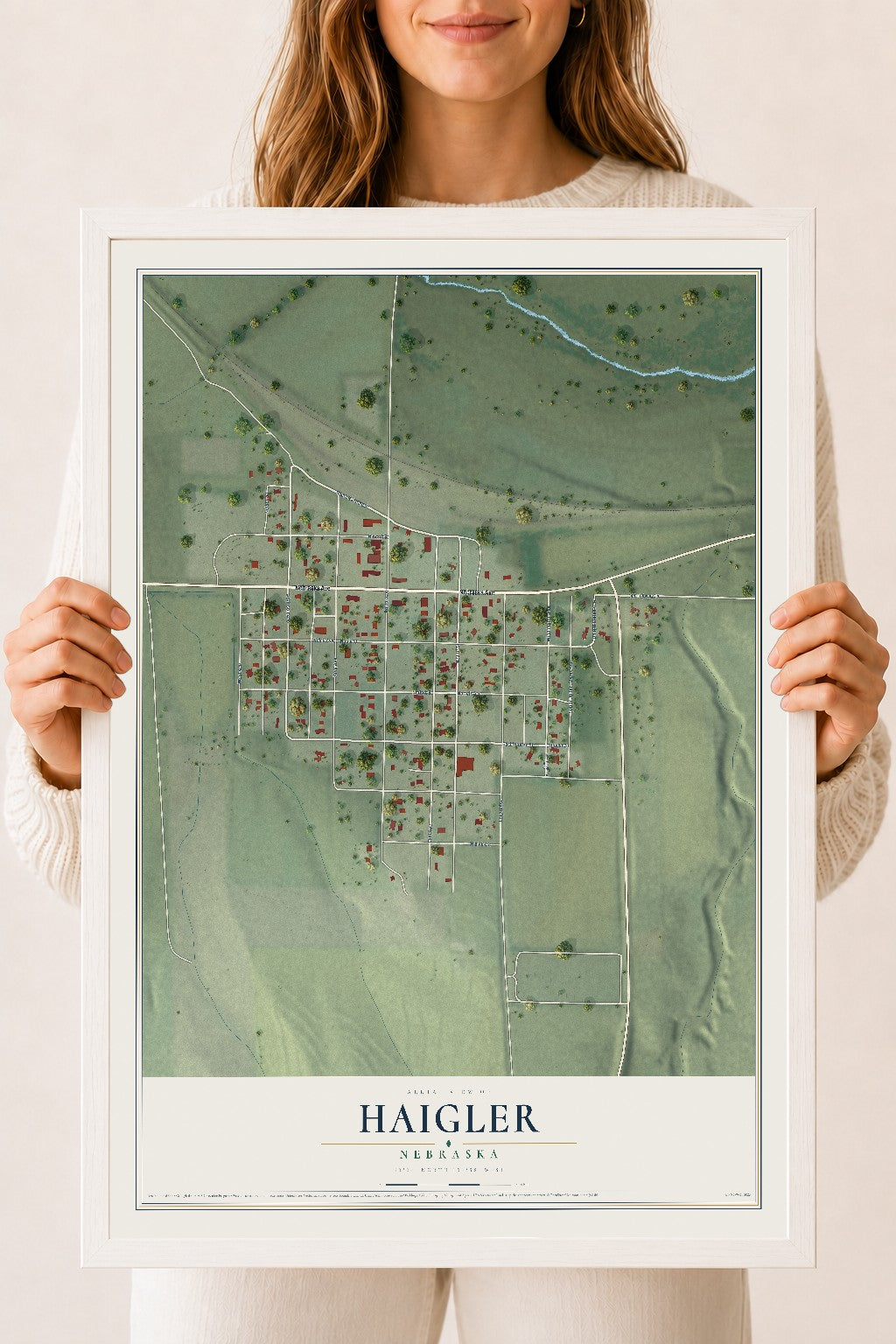 Map of Haigler, Nebraska, 18 x 24 inch print in a white wood frame
