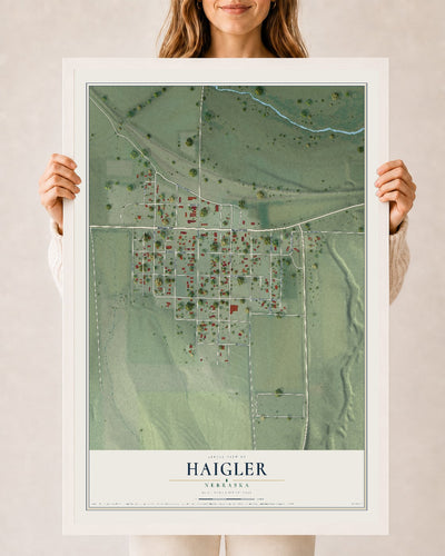 Map of Haigler, Nebraska, 24 x 36 inch print in a white wood frame