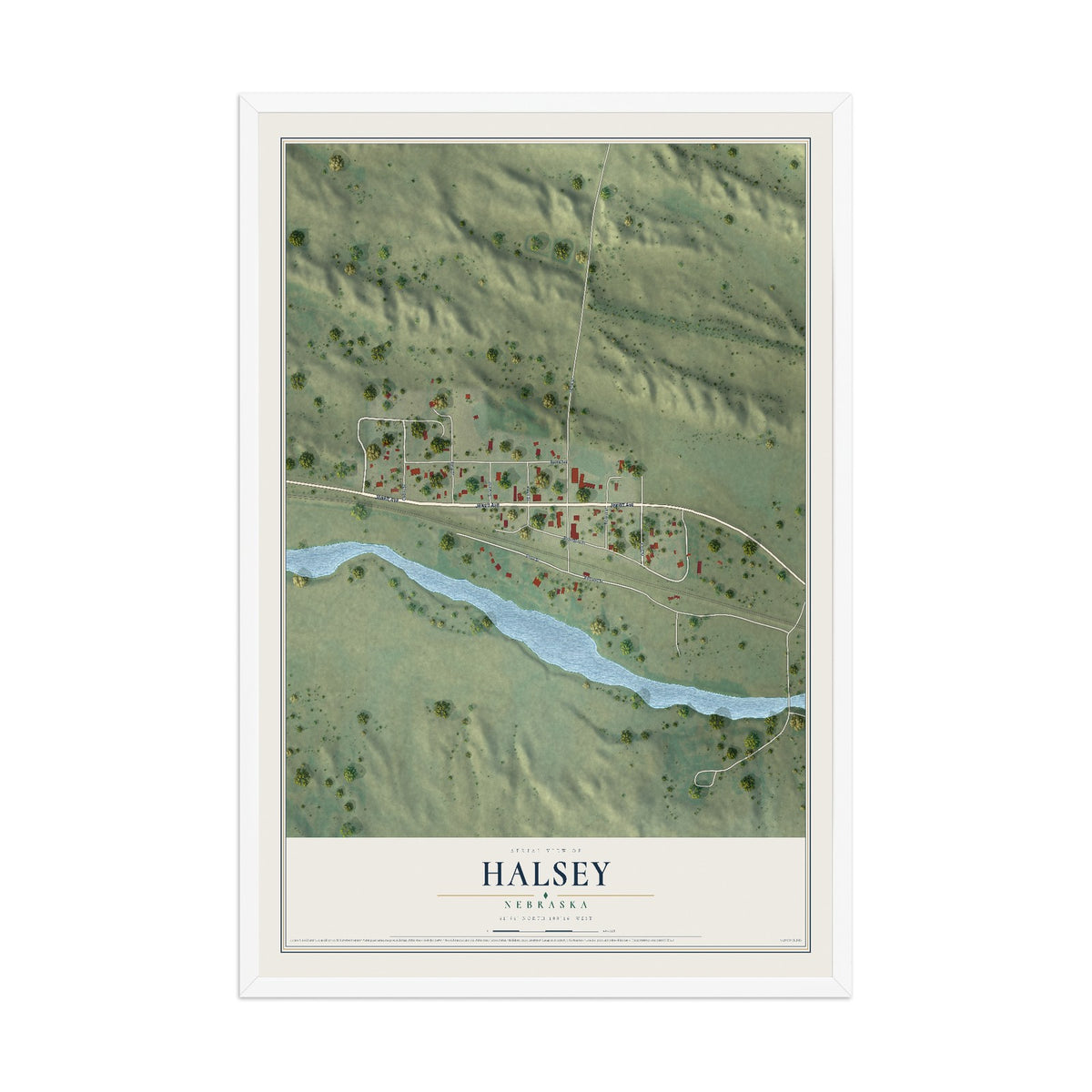 Map of Halsey, Nebraska, 12 x 18 inch print in a white wood frame