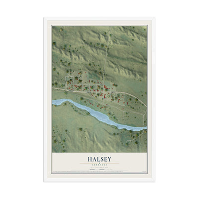 Map of Halsey, Nebraska, 12 x 18 inch print in a white wood frame