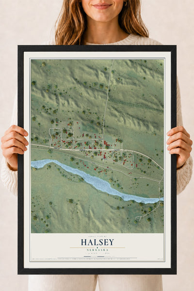 Map of Halsey, Nebraska, 18 x 24 inch print in a black wood frame