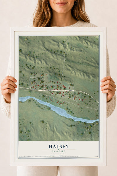 Map of Halsey, Nebraska, 18 x 24 inch print in a white wood frame