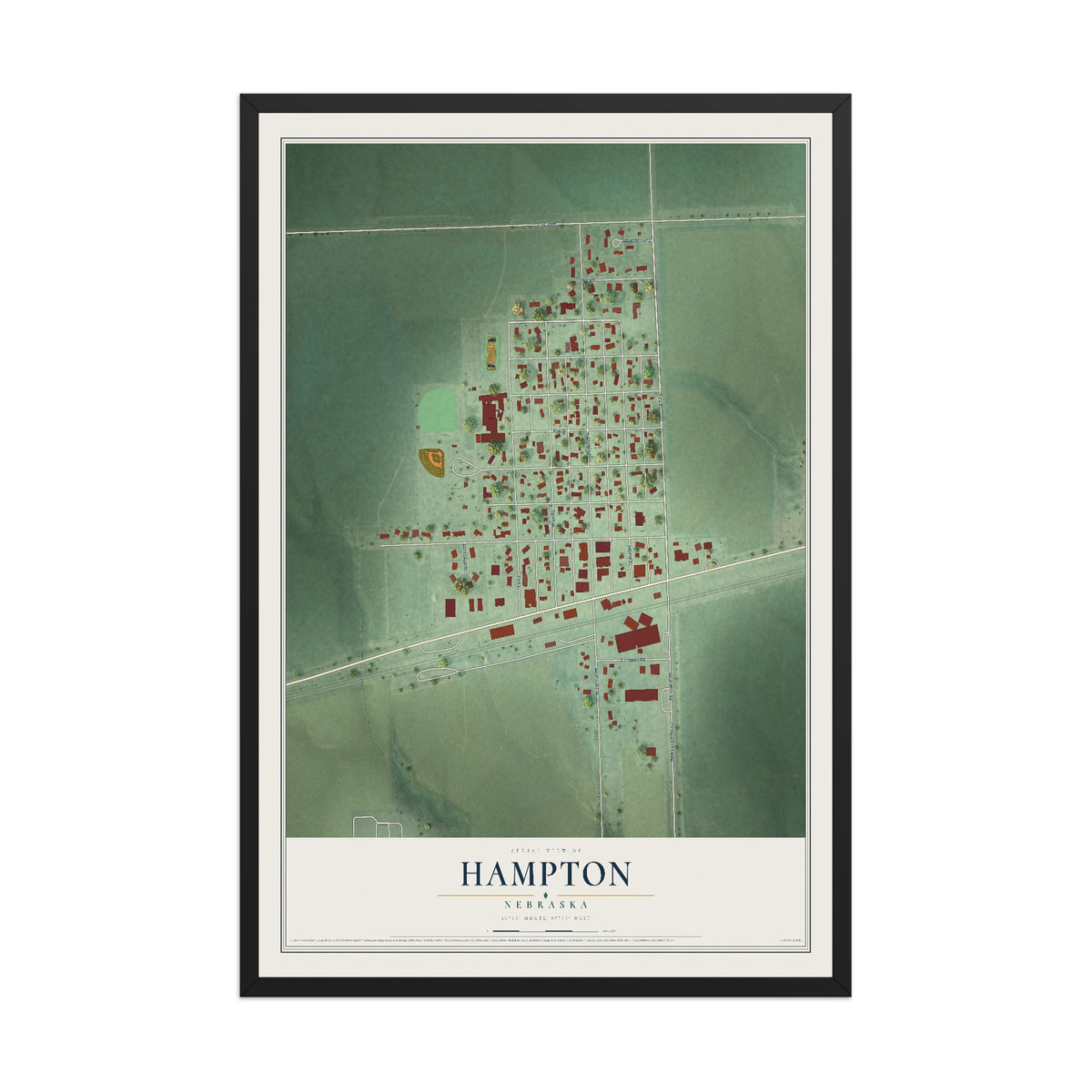 Map of Hampton, Nebraska, 12 x 18 inch print in a black wood frame