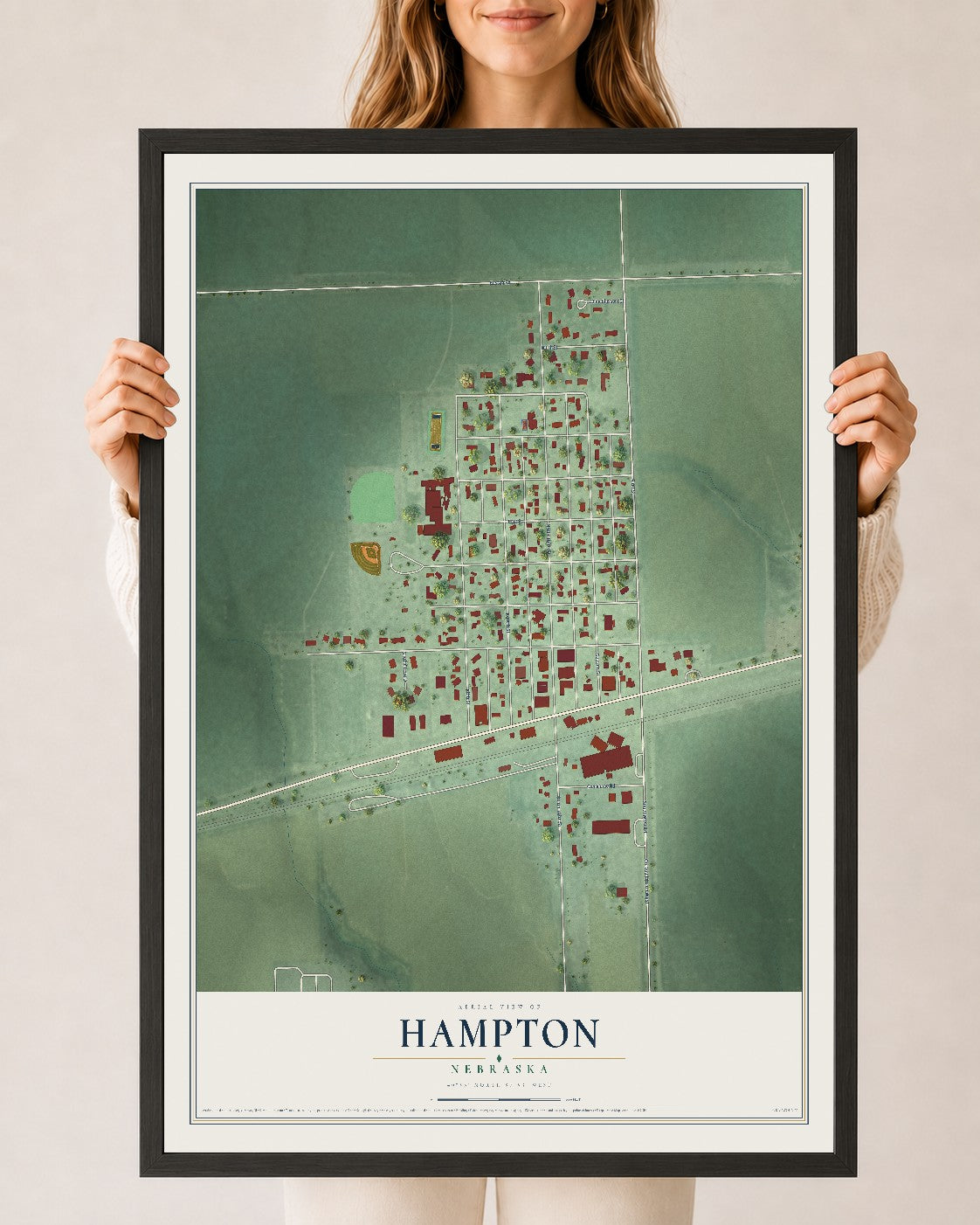 Map of Hampton, Nebraska, 24 x 36 inch print in a black wood frame