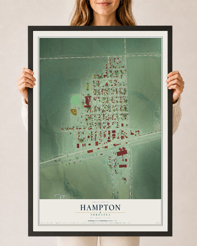 Map of Hampton, Nebraska, 24 x 36 inch print in a black wood frame