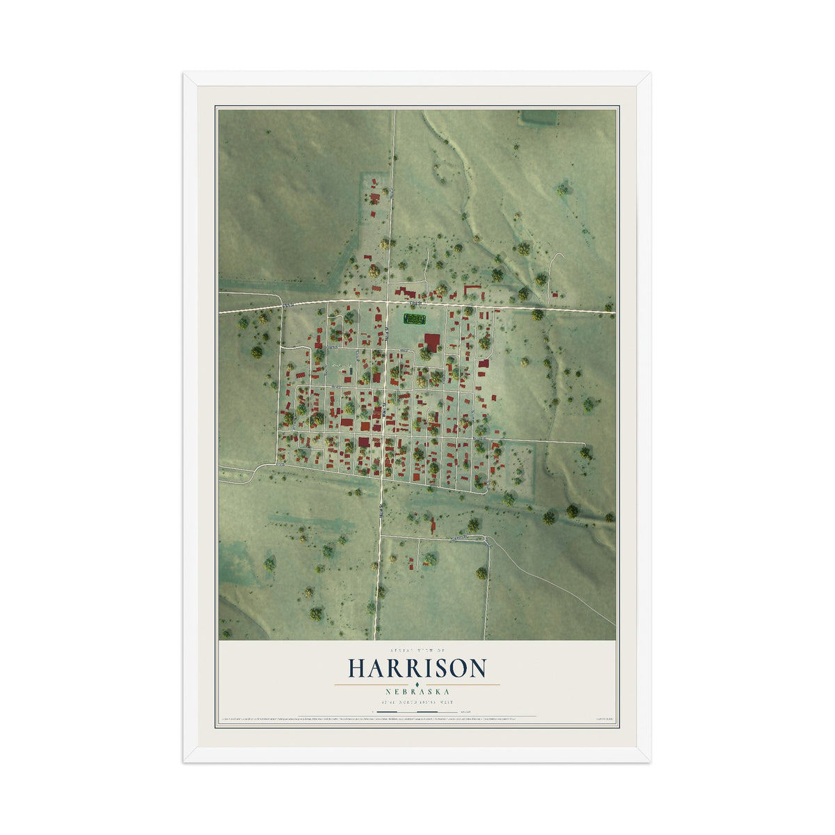 Map of Harrison, Nebraska, 12 x 18 inch print in a white wood frame