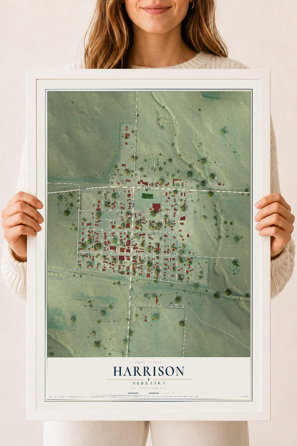 Map of Harrison, Nebraska, 18 x 24 inch print in a white wood frame