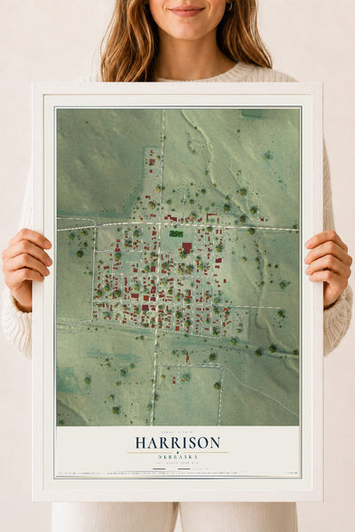 Map of Harrison, Nebraska, 18 x 24 inch print in a white wood frame