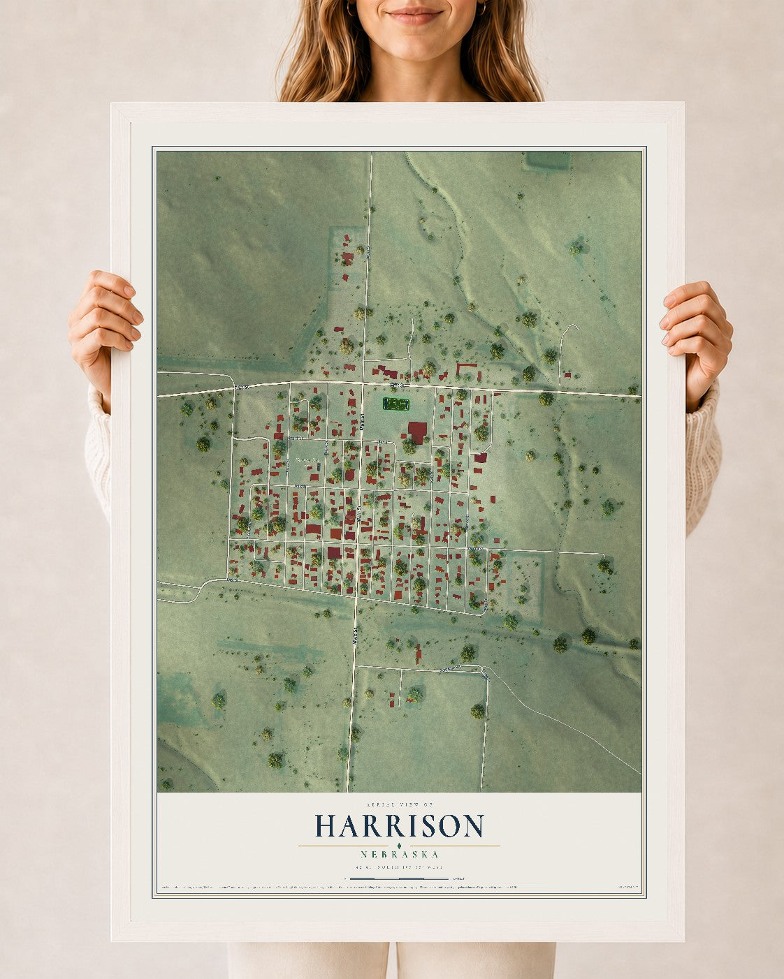 Map of Harrison, Nebraska, 24 x 36 inch print in a white wood frame