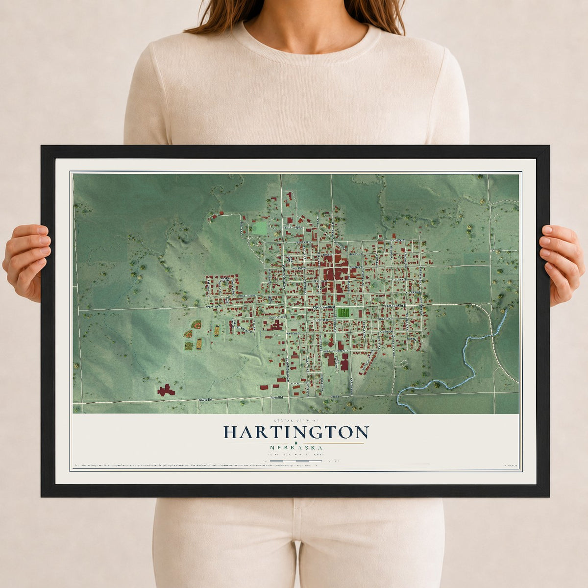 Map of Hartington, Nebraska, 12 x 18 inch print in a black wood frame