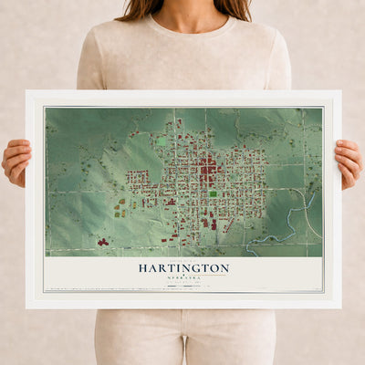 Map of Hartington, Nebraska, 12 x 18 inch print in a white wood frame