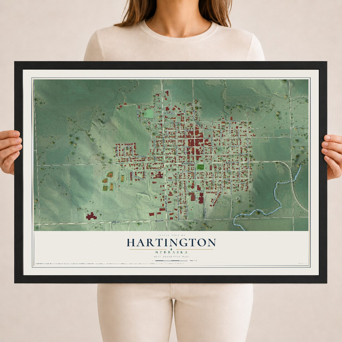 Map of Hartington, Nebraska, 18 x 24 inch print in a black wood frame