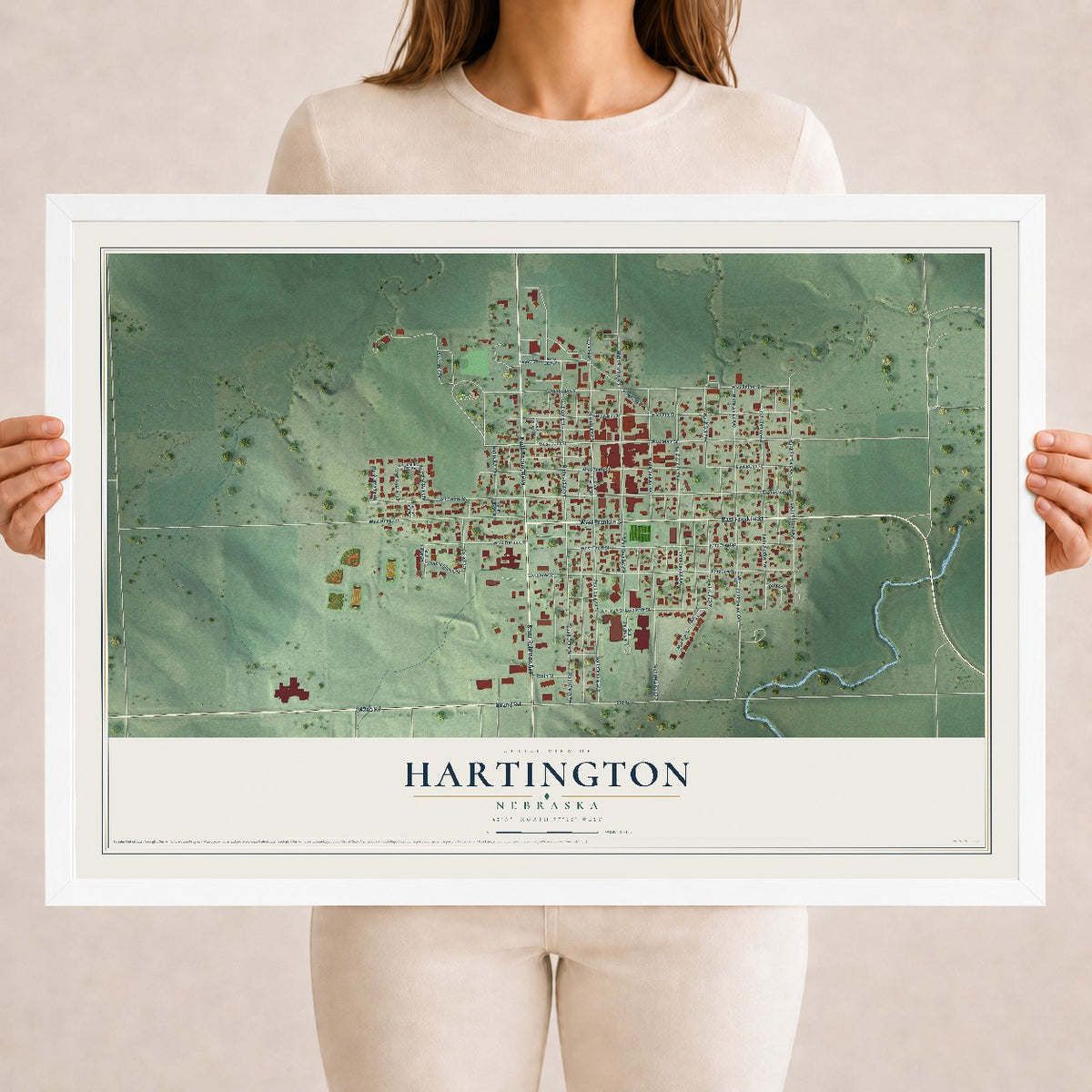 Map of Hartington, Nebraska, 18 x 24 inch print in a white wood frame