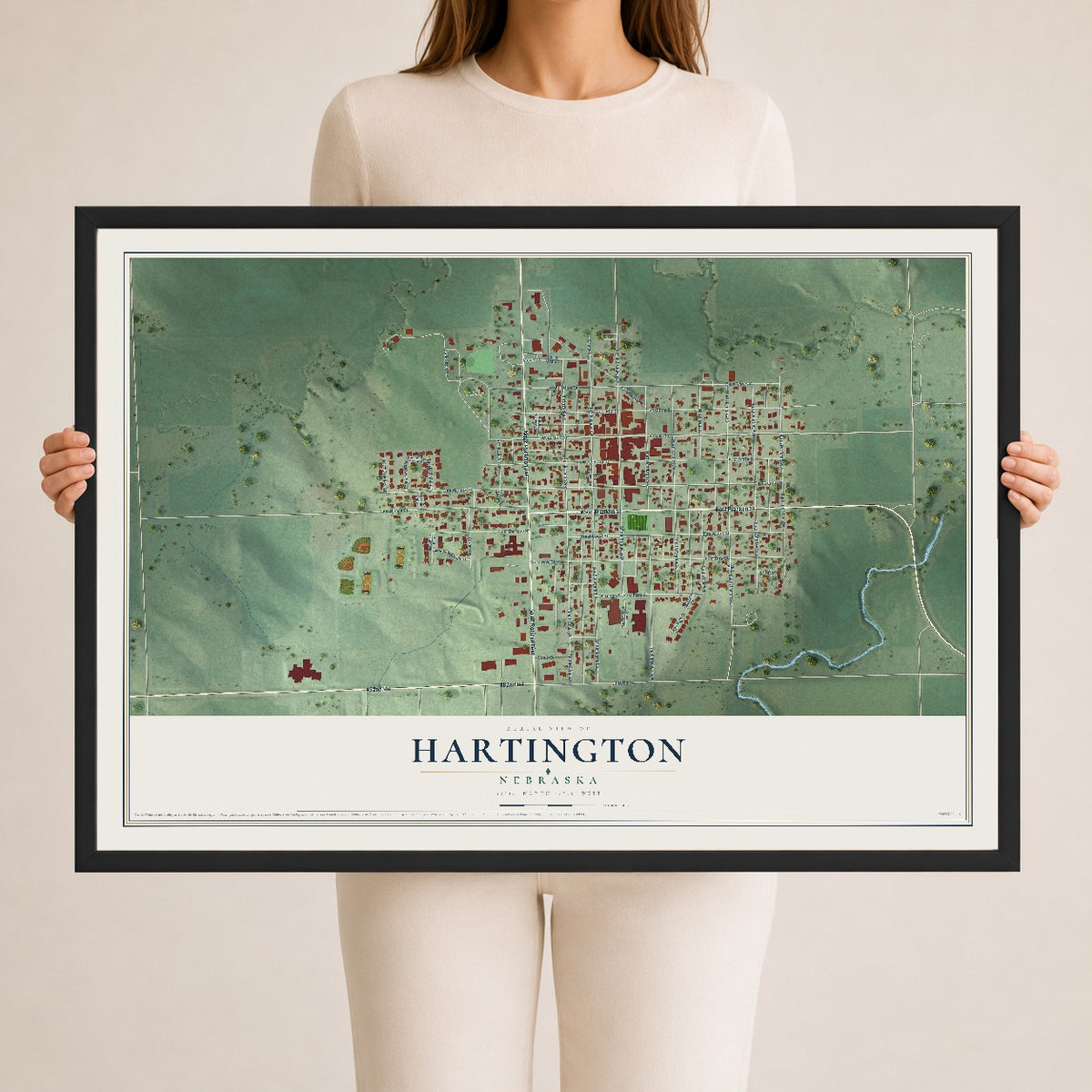 Map of Hartington, Nebraska, 24 x 36 inch print in a black wood frame