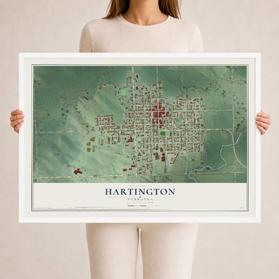 Map of Hartington, Nebraska, 24 x 36 inch print in a white wood frame
