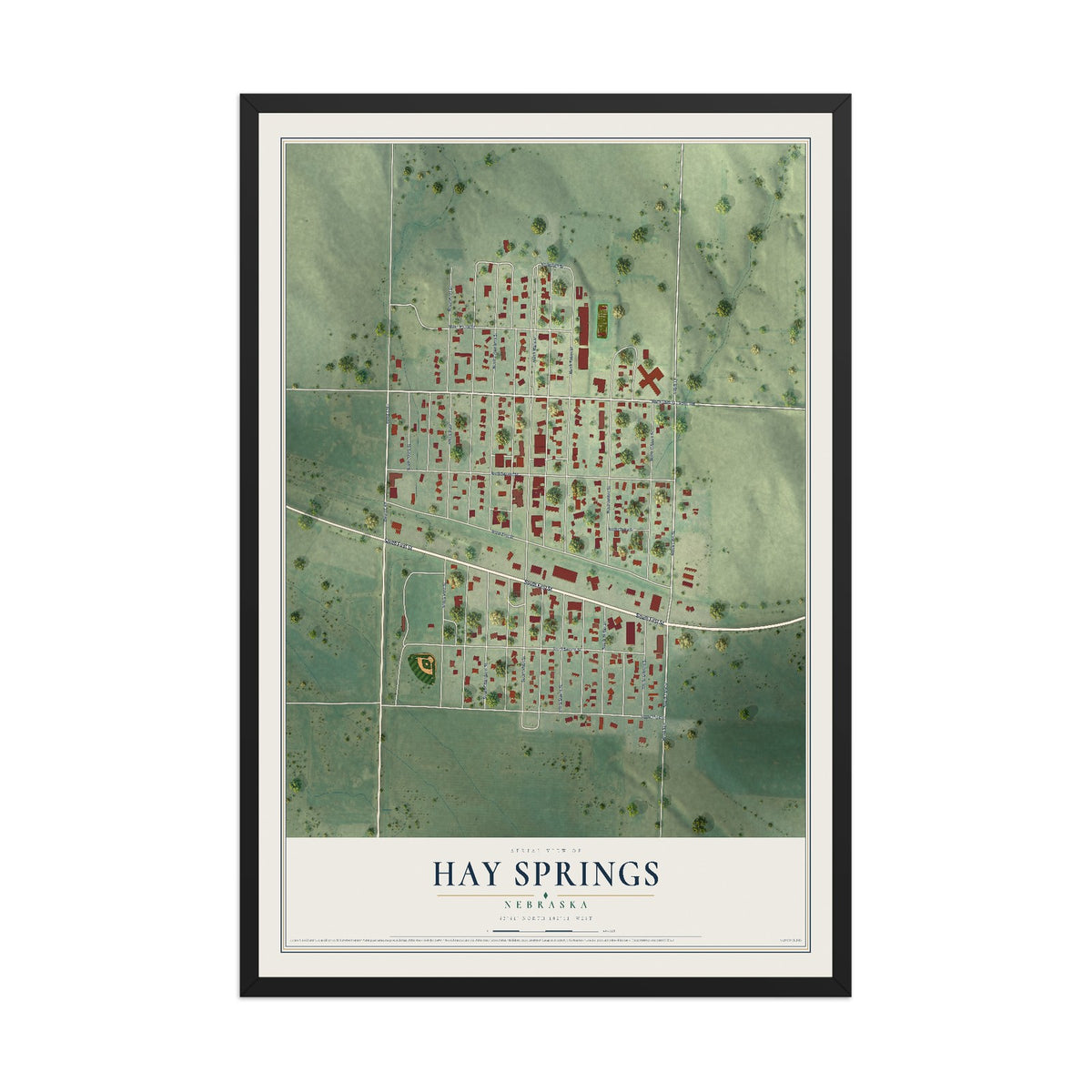 Map of Hay Springs, Nebraska, 12 x 18 inch print in a black wood frame