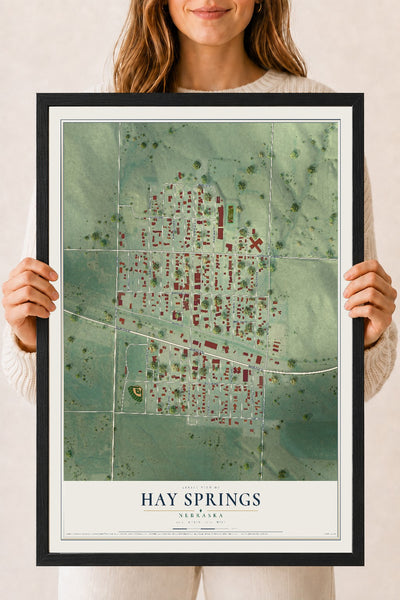 Map of Hay Springs, Nebraska, 18 x 24 inch print in a black wood frame