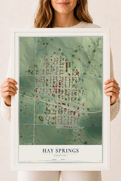 Map of Hay Springs, Nebraska, 18 x 24 inch print in a white wood frame