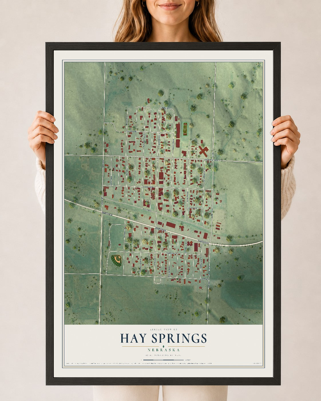 Map of Hay Springs, Nebraska, 24 x 36 inch print in a black wood frame
