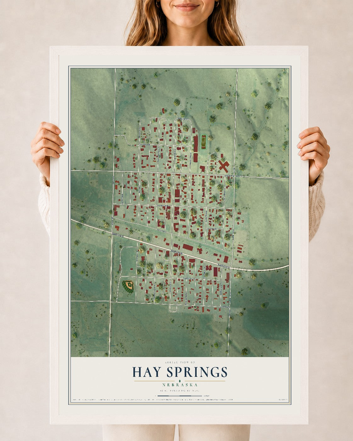 Map of Hay Springs, Nebraska, 24 x 36 inch print in a white wood frame