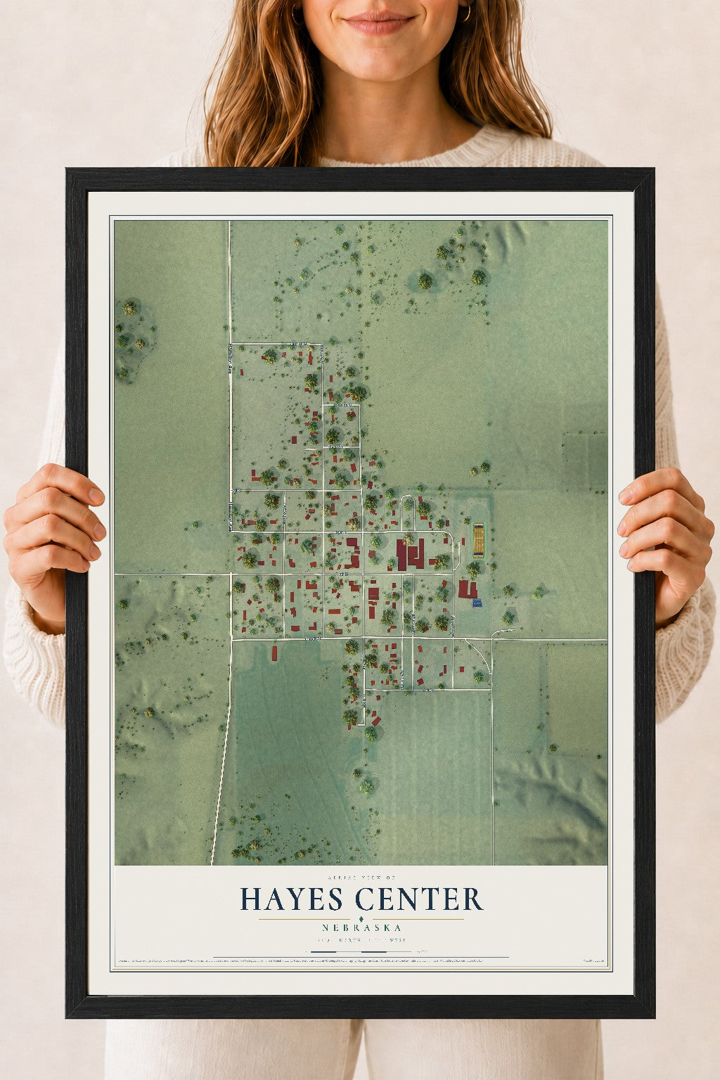 Map of Hayes Center, Nebraska, 18 x 24 inch print in a black wood frame