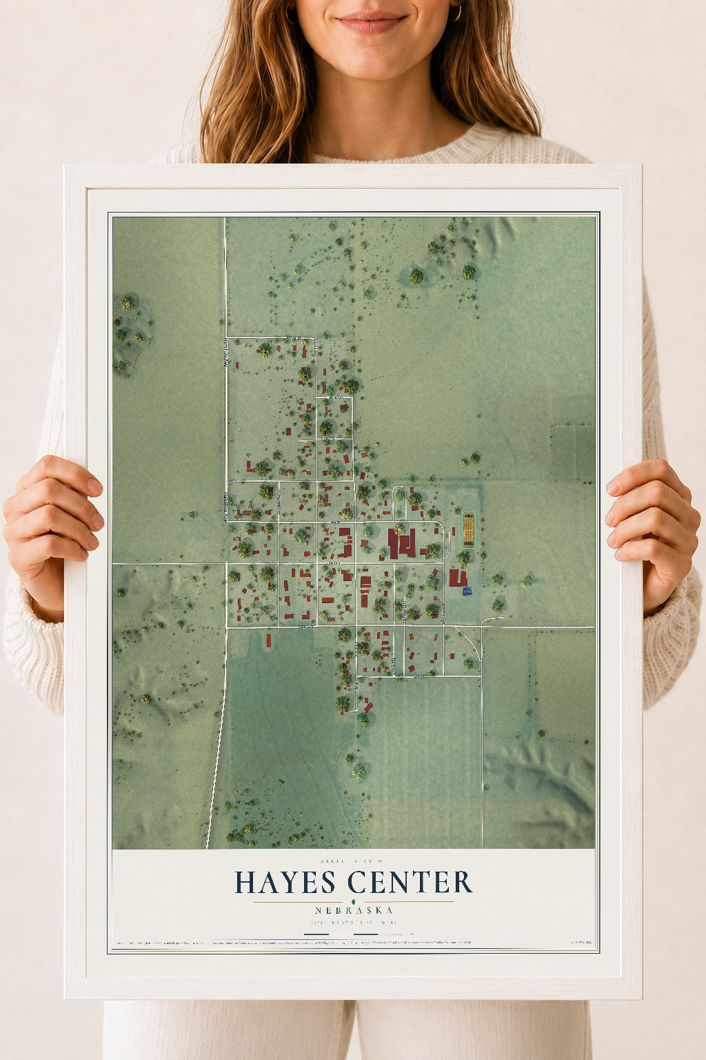 Map of Hayes Center, Nebraska, 18 x 24 inch print in a white wood frame