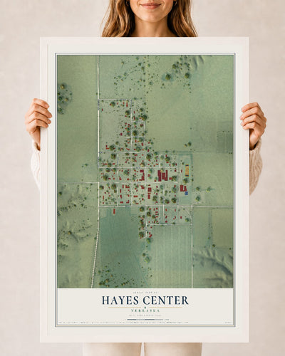 Map of Hayes Center, Nebraska, 24 x 36 inch print in a white wood frame