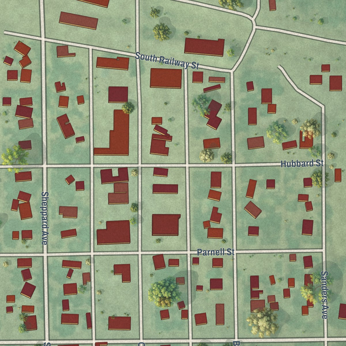 Close-up of the map of Hildreth, Nebraska print showing street and building detail