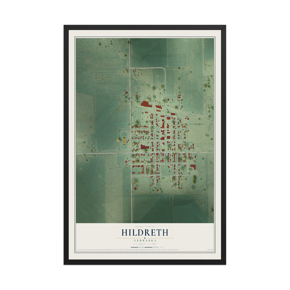 Map of Hildreth, Nebraska, 12 x 18 inch print in a black wood frame