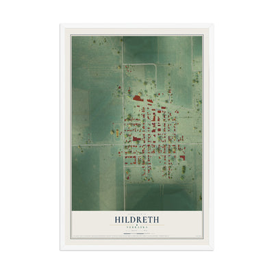 Map of Hildreth, Nebraska, 12 x 18 inch print in a white wood frame