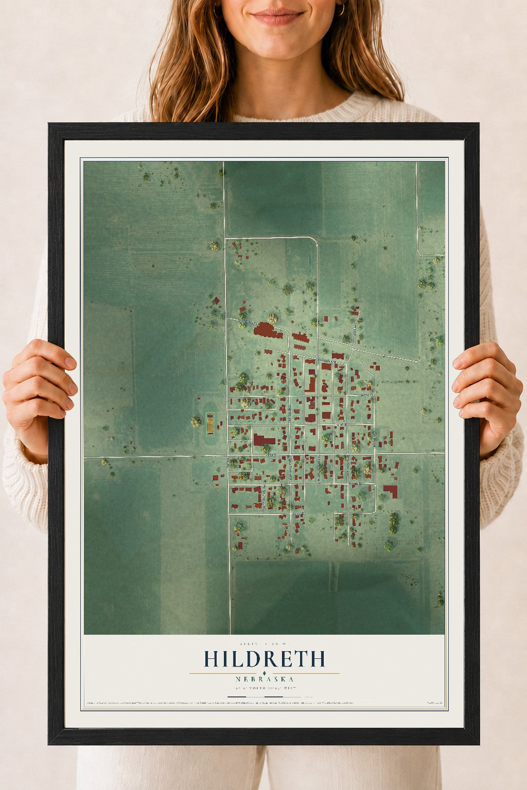Map of Hildreth, Nebraska, 18 x 24 inch print in a black wood frame