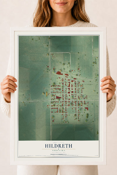 Map of Hildreth, Nebraska, 18 x 24 inch print in a white wood frame