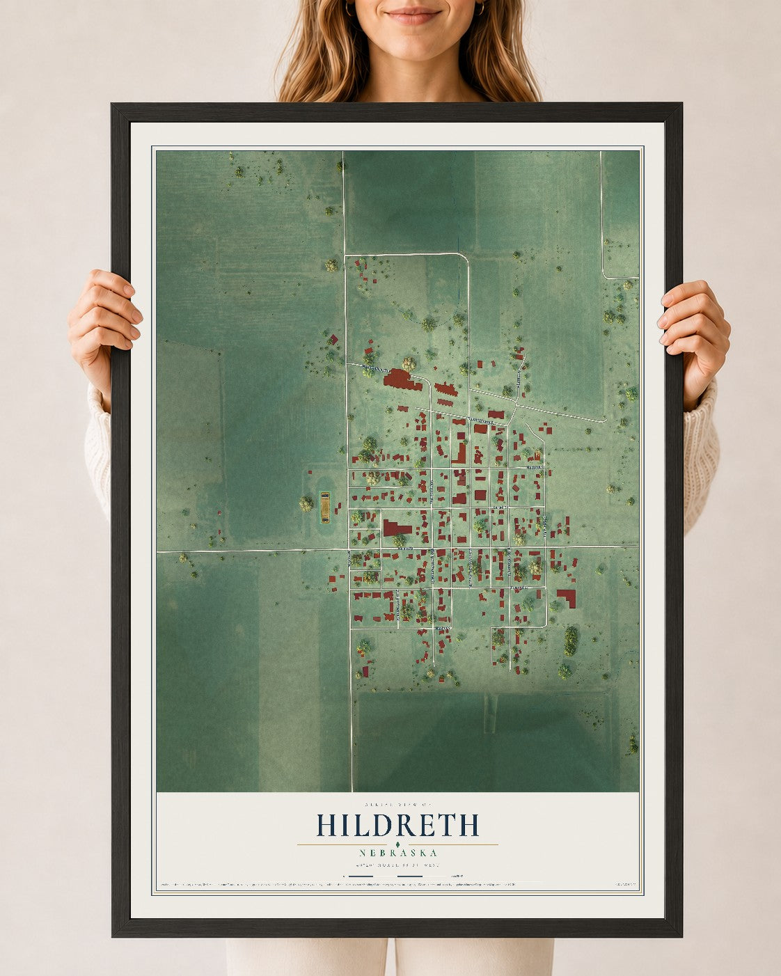 Map of Hildreth, Nebraska, 24 x 36 inch print in a black wood frame