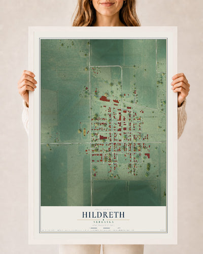 Map of Hildreth, Nebraska, 24 x 36 inch print in a white wood frame