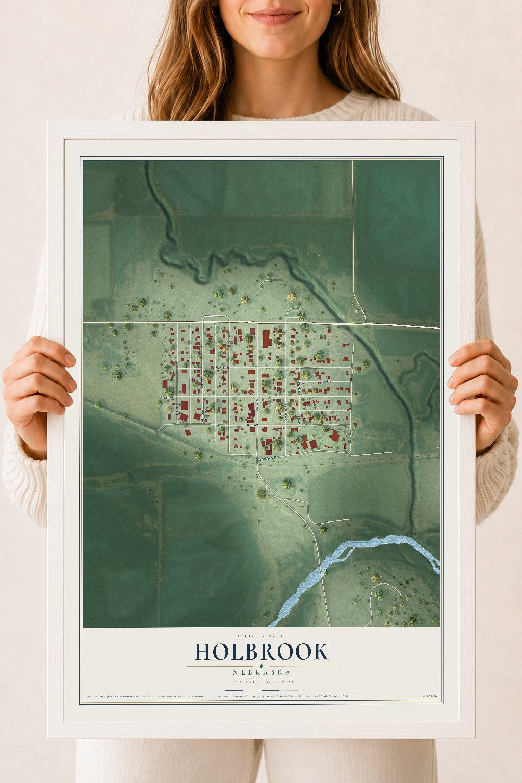 Map of Holbrook, Nebraska, 18 x 24 inch print in a white wood frame