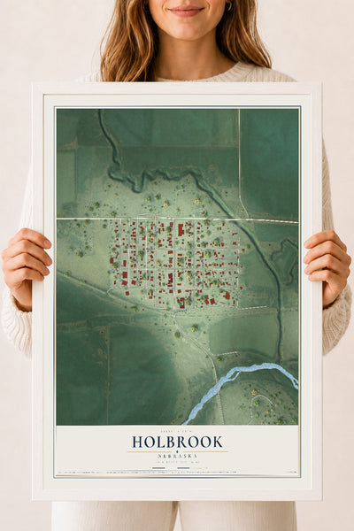 Map of Holbrook, Nebraska, 18 x 24 inch print in a white wood frame