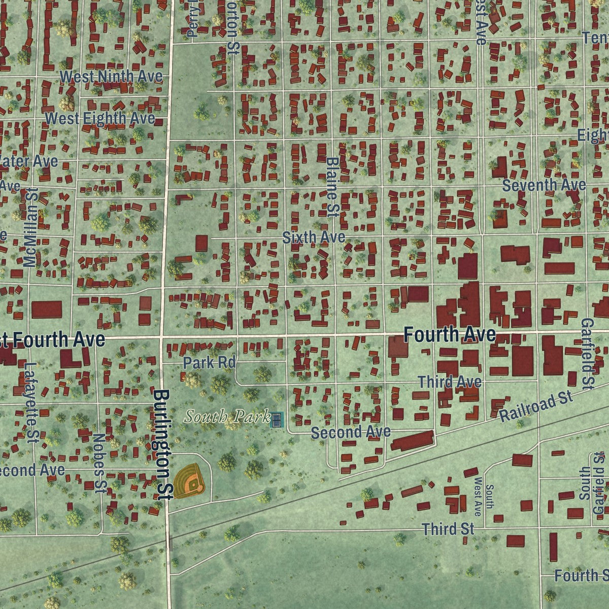 Close-up of the map of Holdrege, Nebraska print showing street and building detail