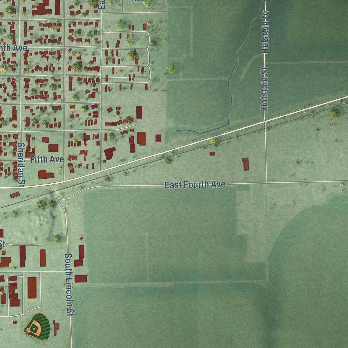Second close-up of the map of Holdrege, Nebraska print showing more streets and buildings