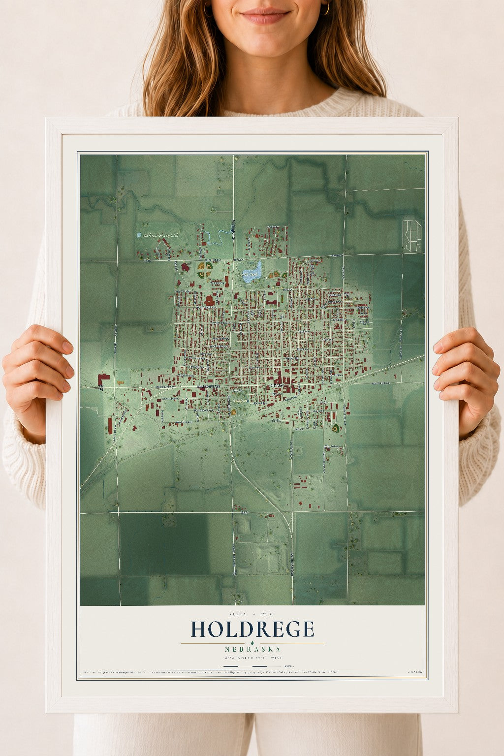 Map of Holdrege, Nebraska, 18 x 24 inch print in a white wood frame