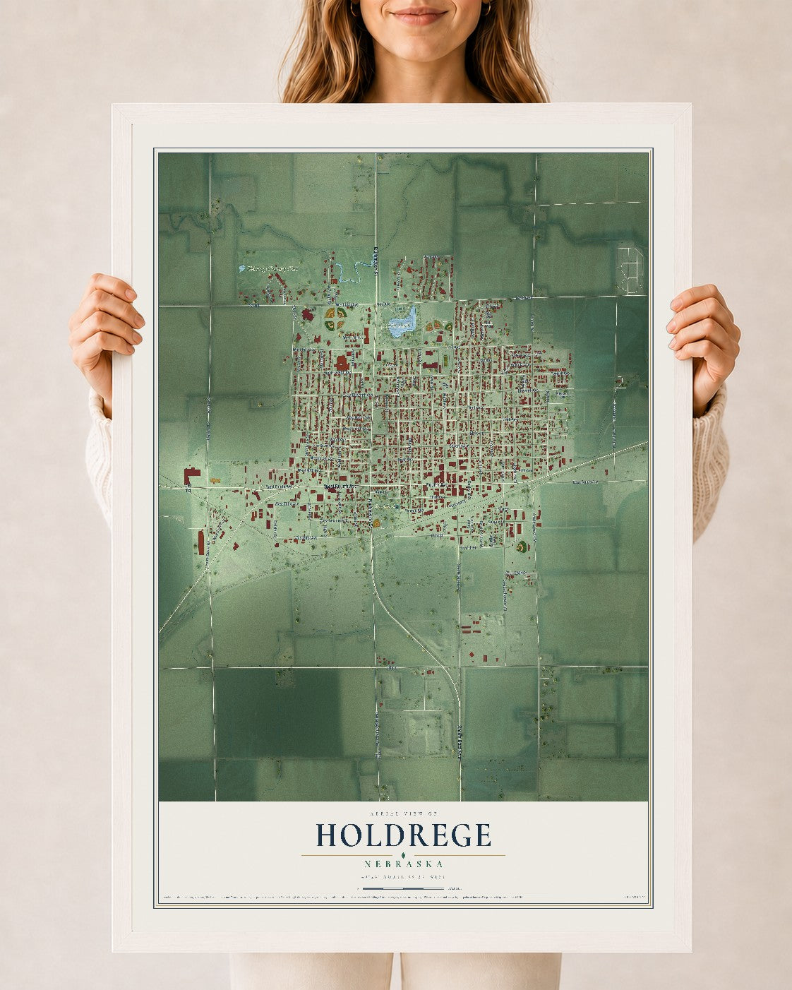 Map of Holdrege, Nebraska, 24 x 36 inch print in a white wood frame