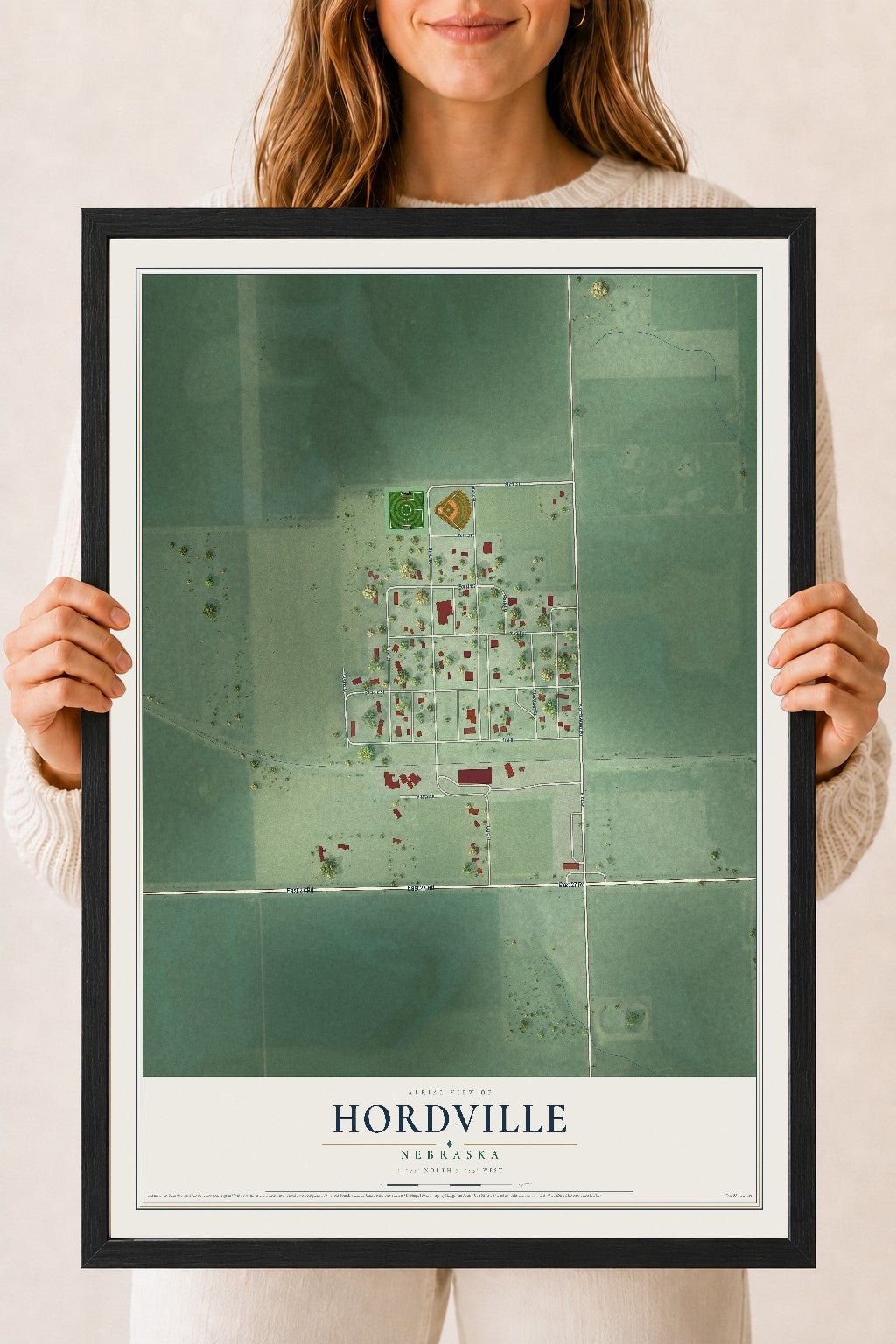 Map of Hordville, Nebraska, 18 x 24 inch print in a black wood frame