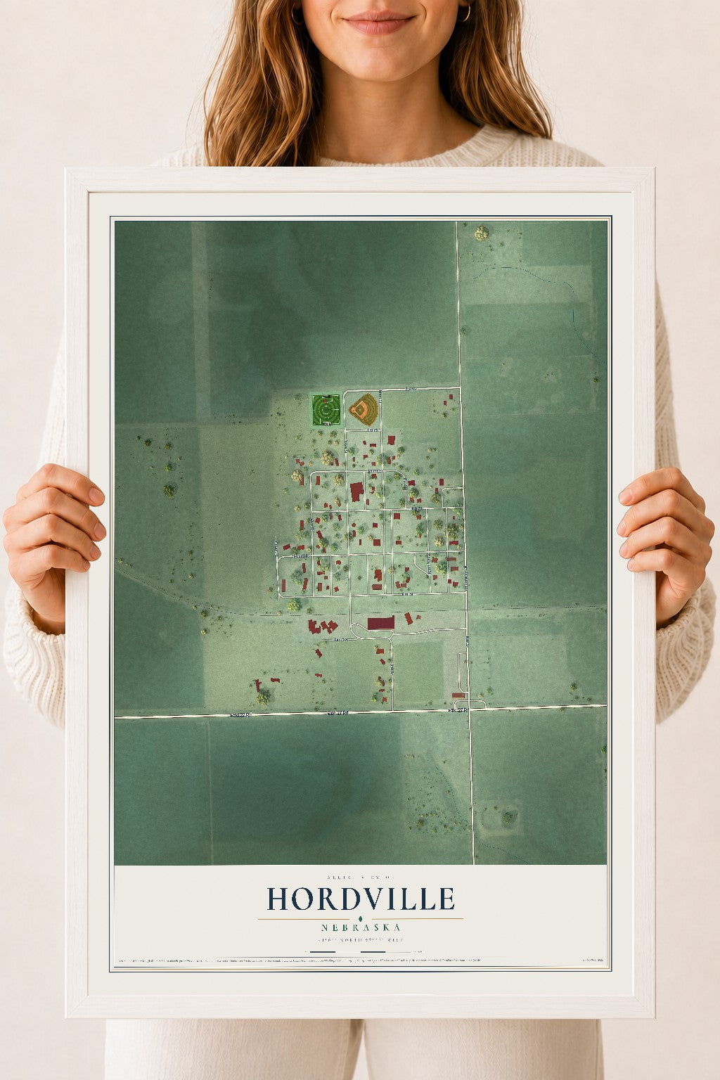 Map of Hordville, Nebraska, 18 x 24 inch print in a white wood frame