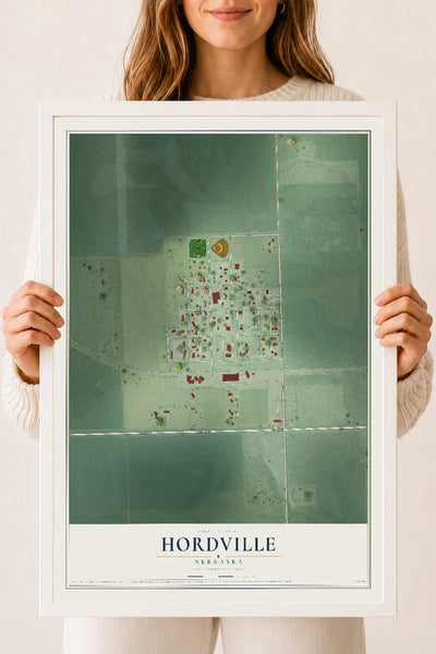 Map of Hordville, Nebraska, 18 x 24 inch print in a white wood frame