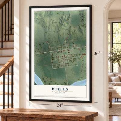 Boelus, Nebraska map, 24 x 36 inch print in a black frame by a staircase