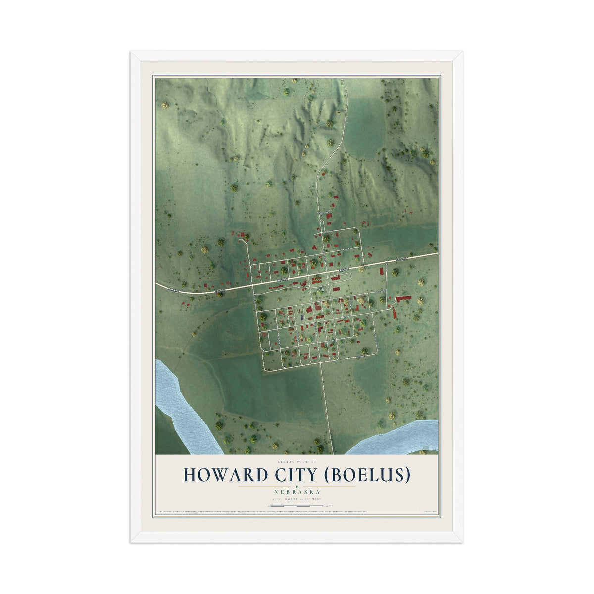 Map of Howard City (Boelus), Nebraska, 12 x 18 inch print in a white wood frame
