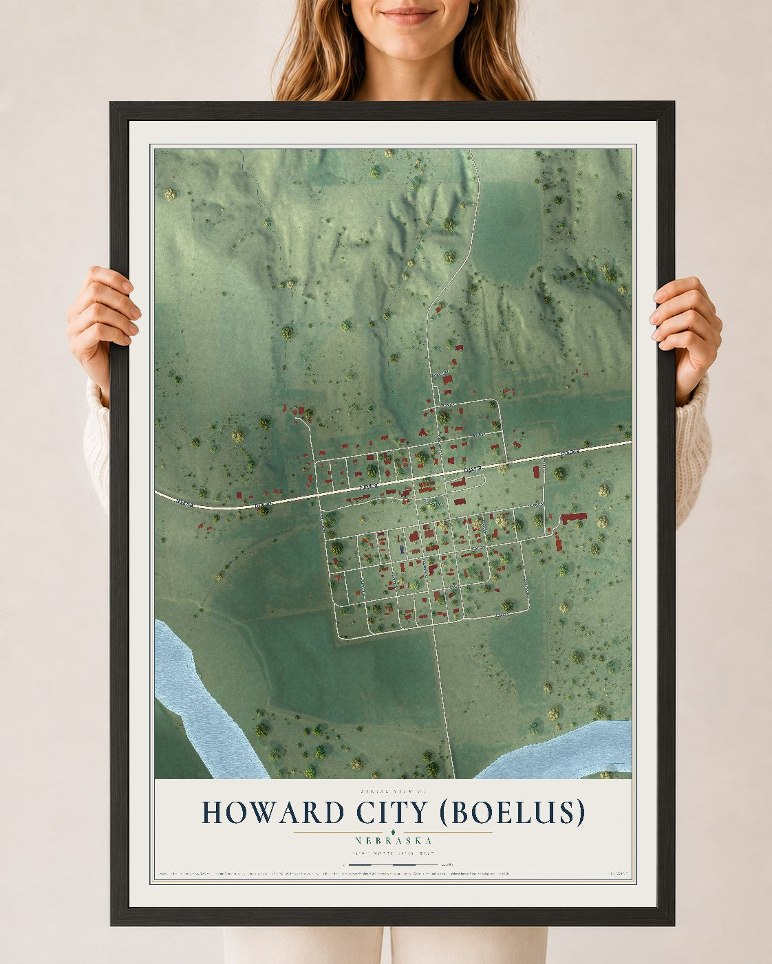 Map of Howard City (Boelus), Nebraska, 24 x 36 inch print in a black wood frame