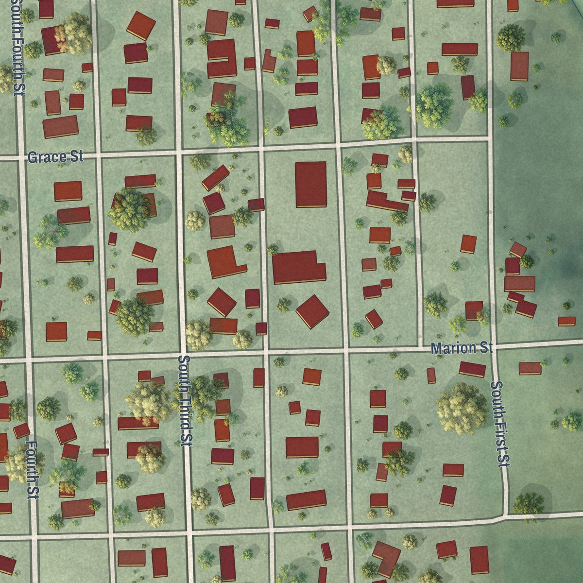 Close-up of the map of Howells, Nebraska print showing street and building detail