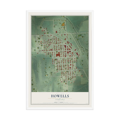 Map of Howells, Nebraska, 12 x 18 inch print in a white wood frame